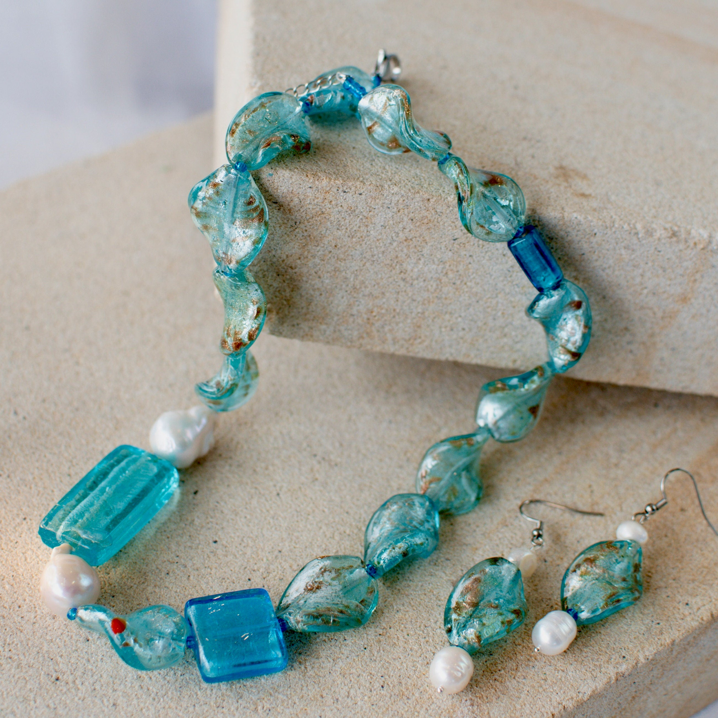 Turquoise Glass Foil Twist Beads and Pearls Jewellery