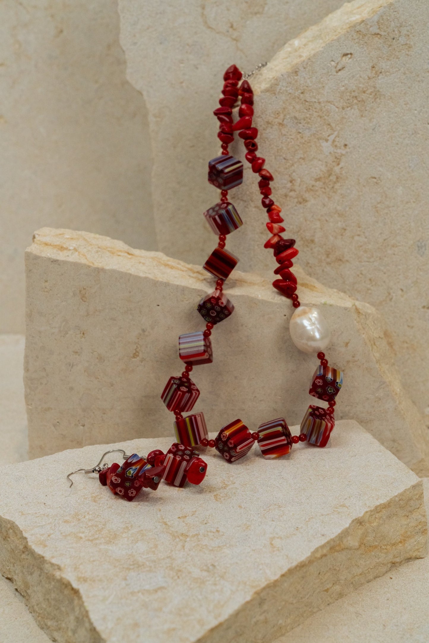 Millefiori Italian Glass Beads + Red Jasper Jewellery Set