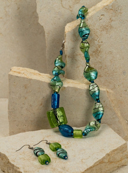 Blue Murano Glass Necklace and Green Drop Earrings