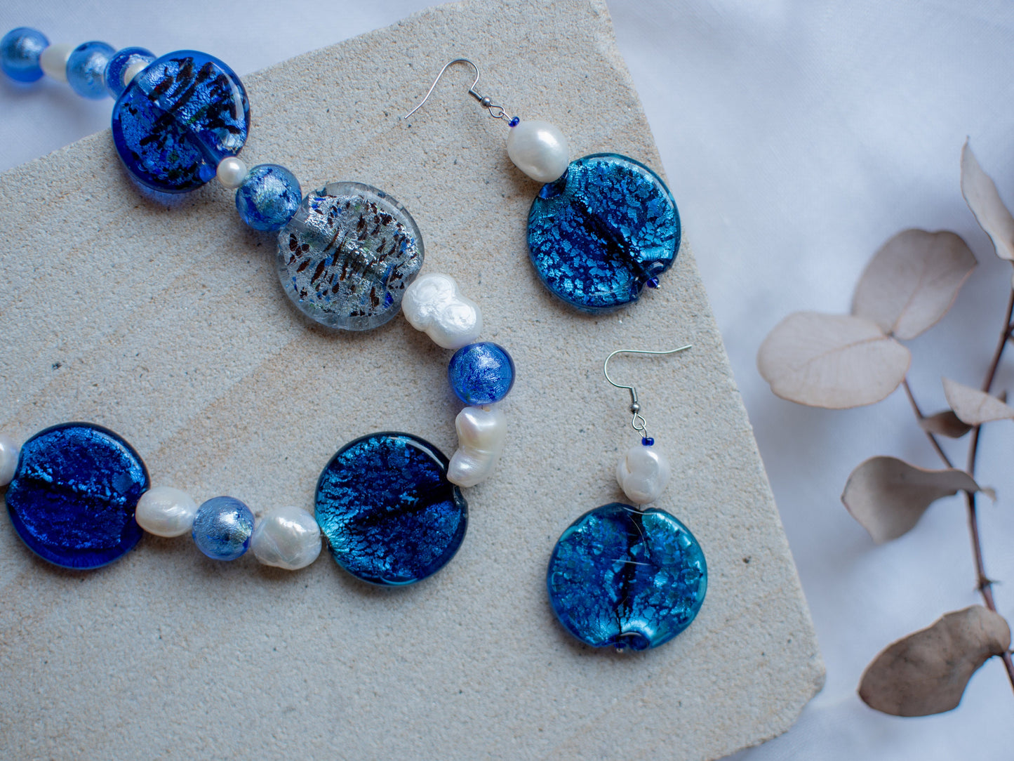 Large Blue Glass Foil Beaded Jewellery