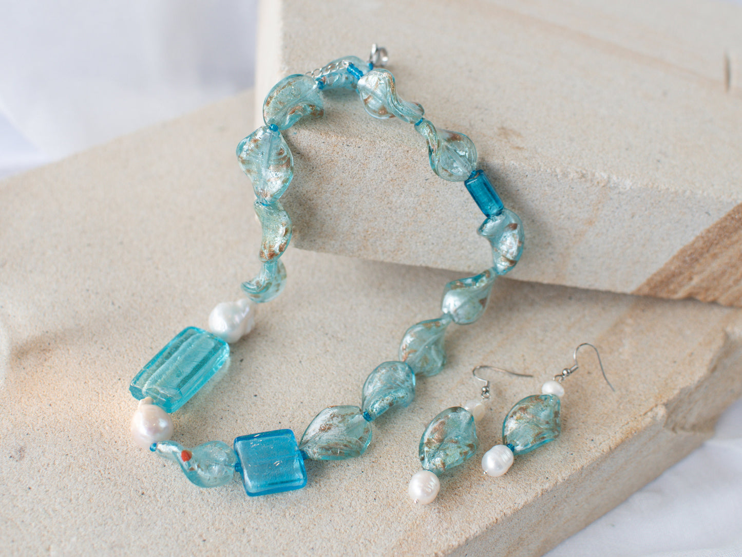 Turquoise Glass Foil Twist Beads and Pearls Jewellery