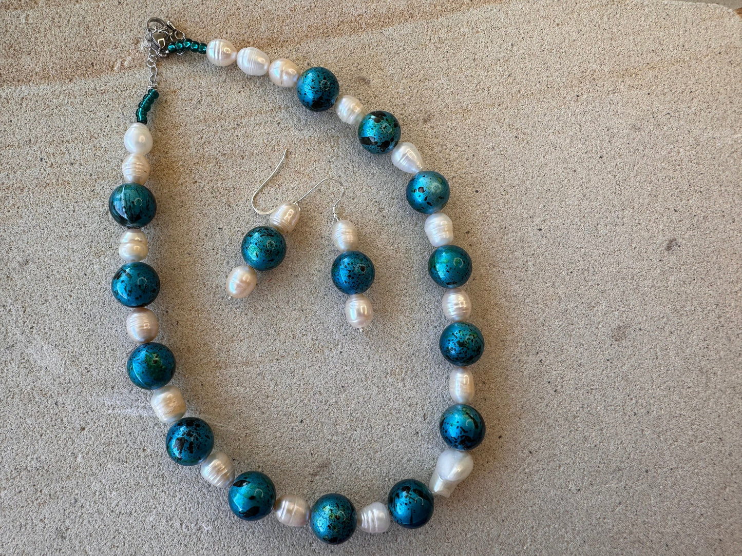 Blue Green Resin Beads with Pearls Beaded Jewellery