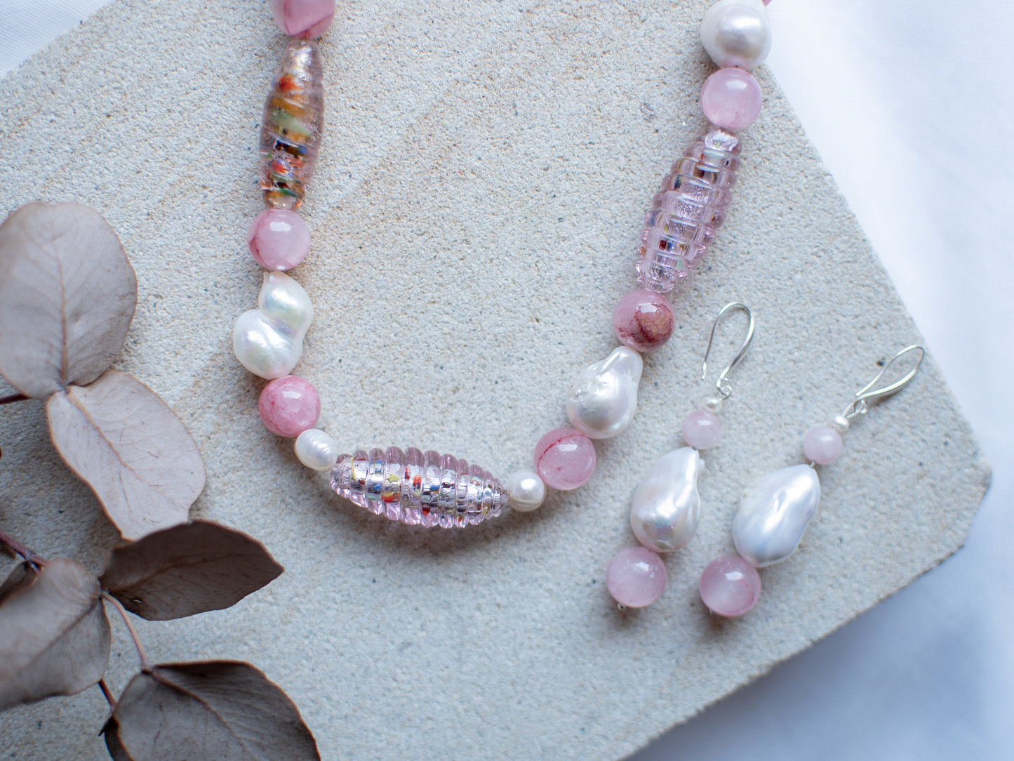 Large Pink  Speckled Glass Foil Beaded Jewellery Set