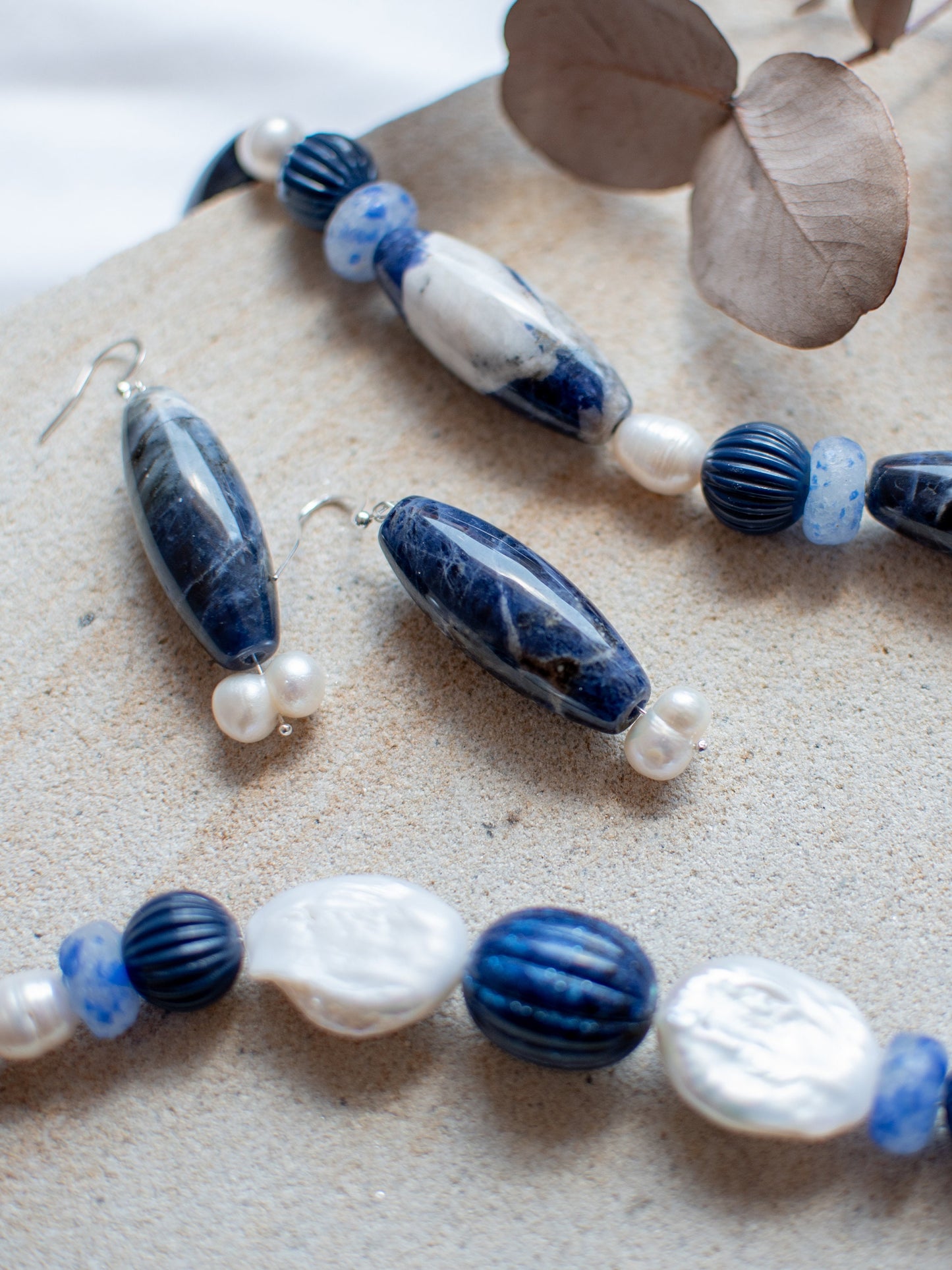 Recycled Glass Krobo Beads Navy Fluted Round Acrylic Agate Glass Jewellery