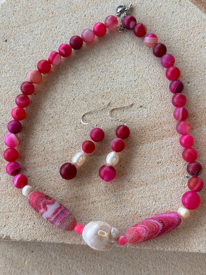 Pink Botswana Agate Beaded Jewellery Set