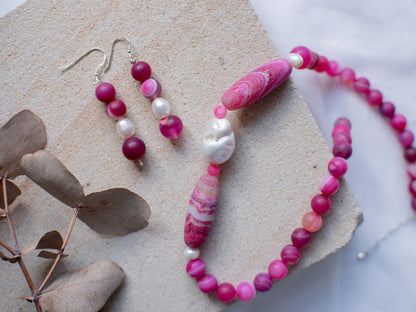 Pink Botswana Agate Beaded Jewellery Set