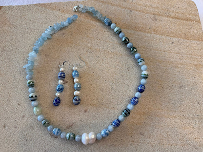 Blue Striped Glass Beaded Jewellery Set