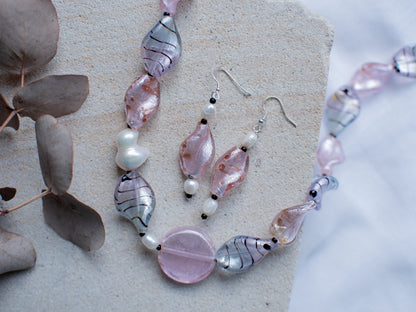 Pink Glass Foil Twist Beads with Gold Aventurine Jewellery Set