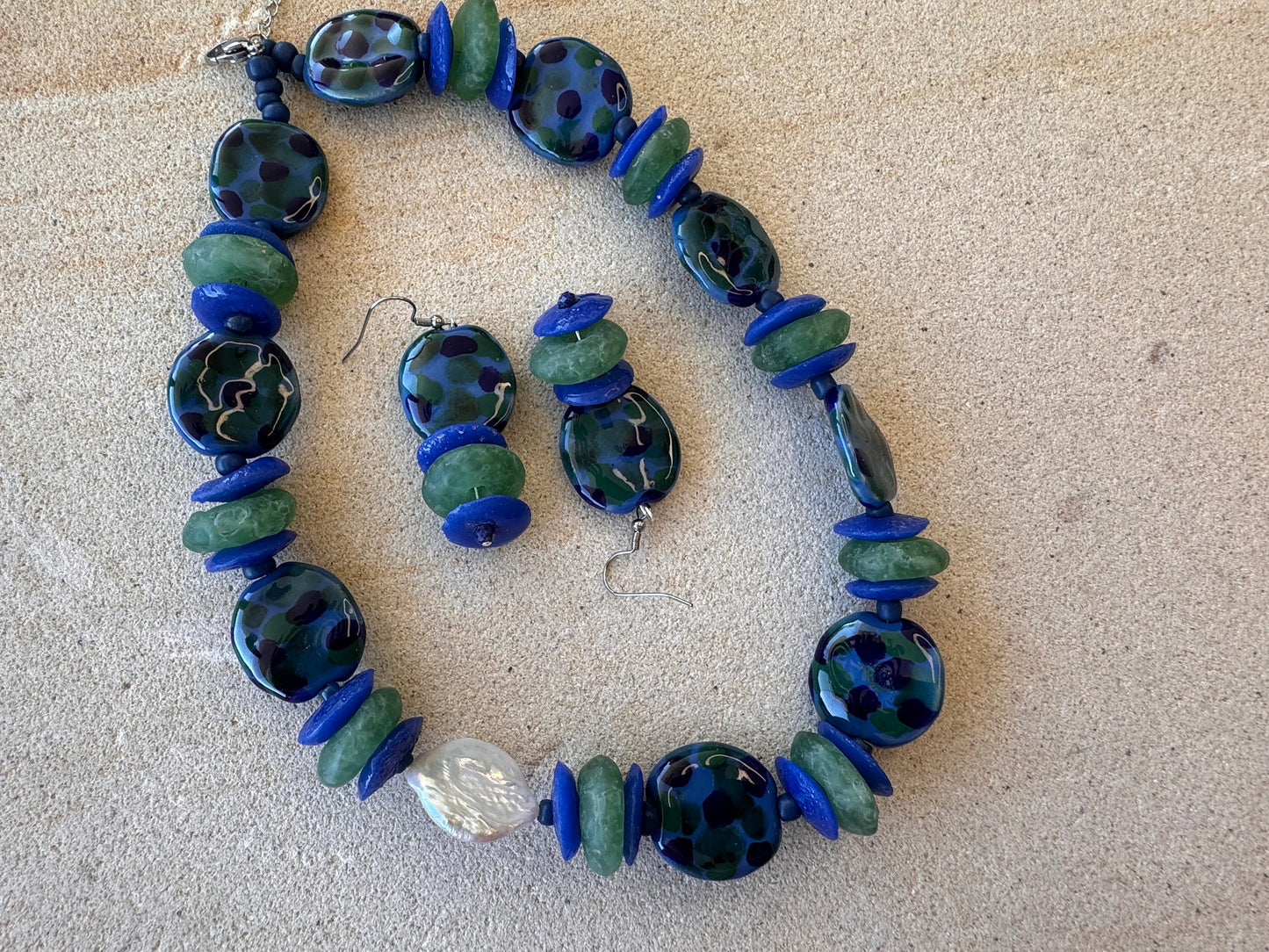 Spotted Blue and Green Ceramic Beaded Jewellery Set