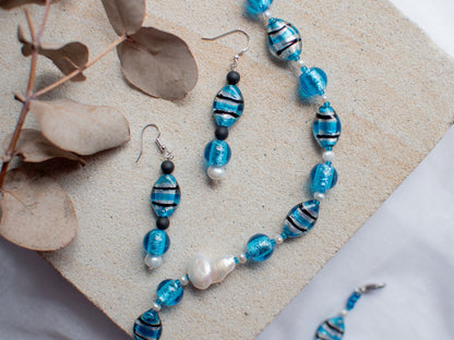 Blue Striped Foil Beaded Jewellery Set