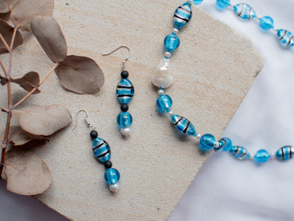 Blue Striped Foil Beaded Jewellery Set