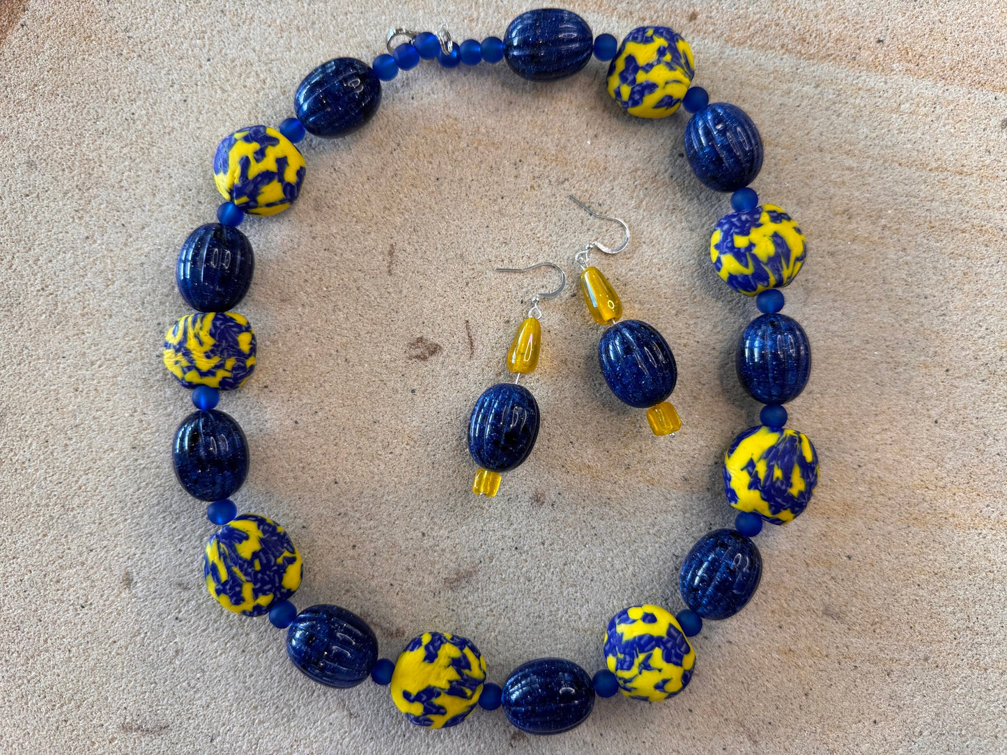 Blue & Yellow African Fused Recycled Glass Krobo Beaded Jewellery Set