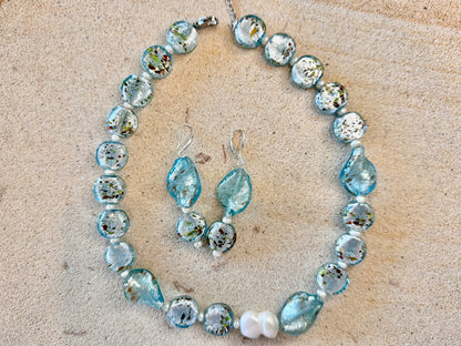 Blue Glass Foil Twist Beads with Gold Aventurine Jewellery Set