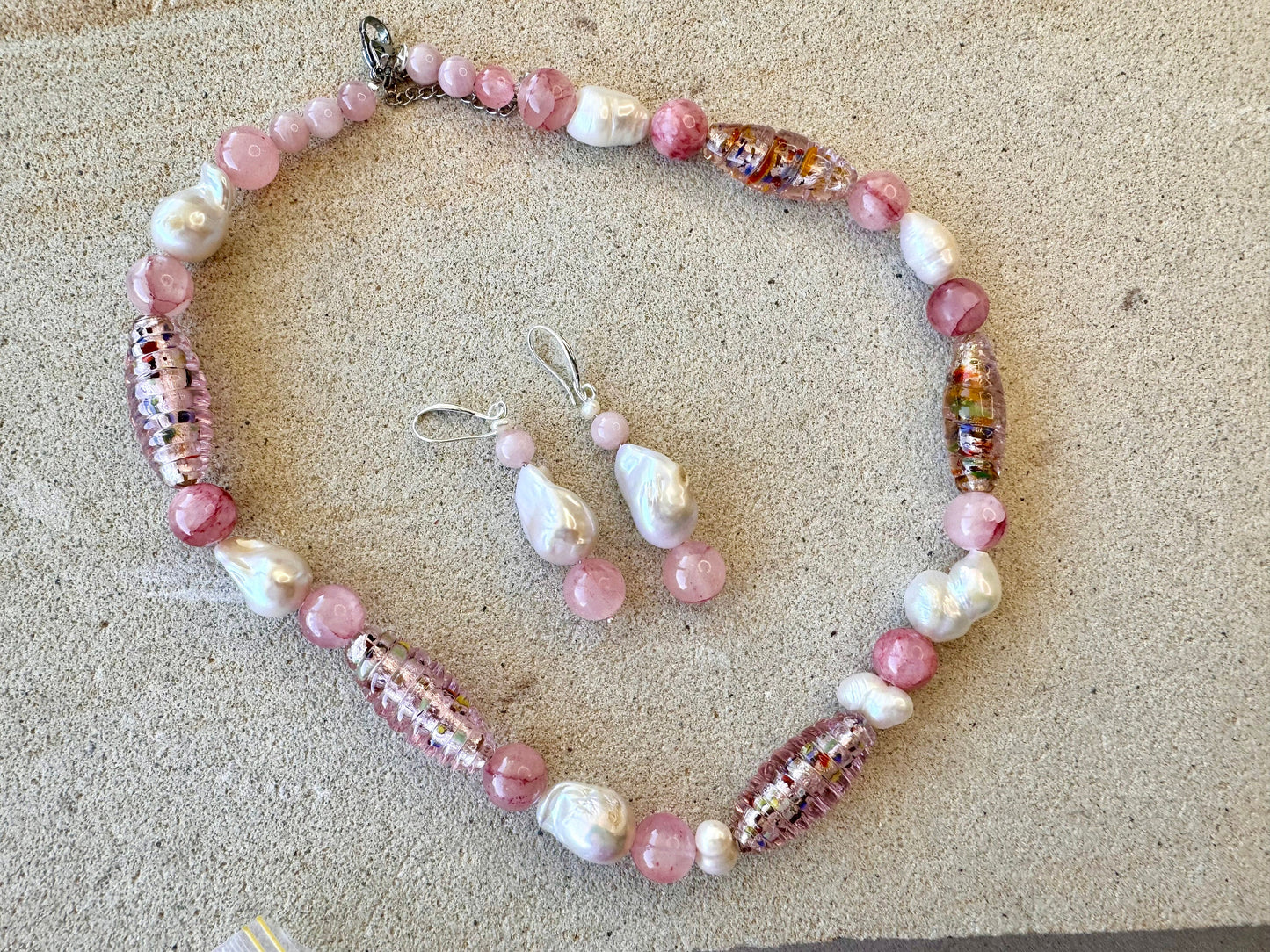 Large Pink  Speckled Glass Foil Beaded Jewellery Set