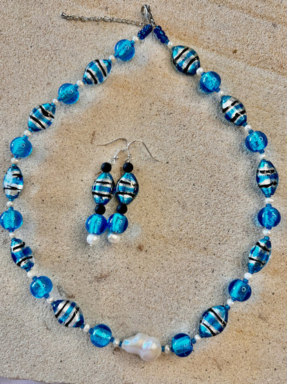 Blue Striped Foil Beaded Jewellery Set