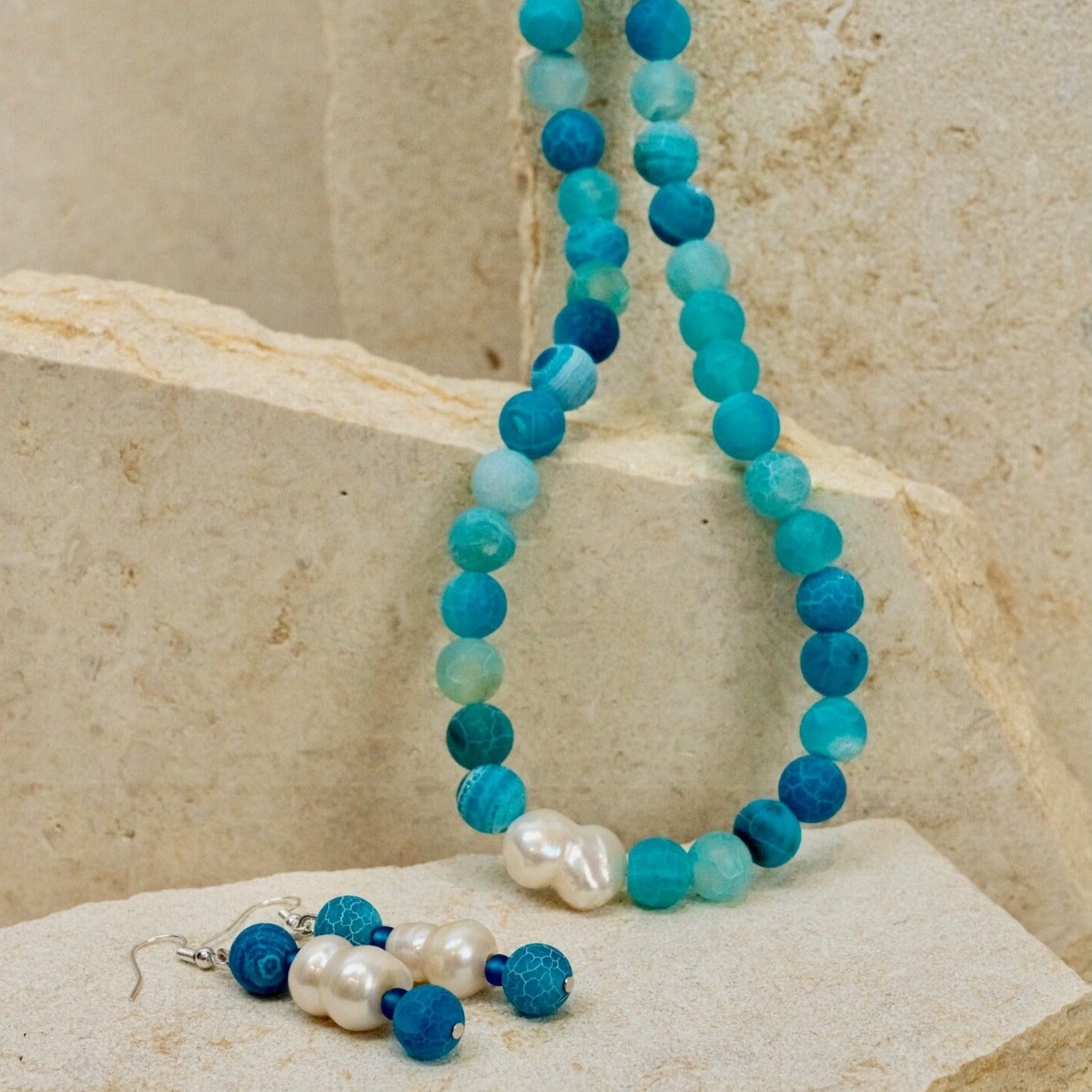 Frosted Agate + Baroque Pearl Jewellery Set