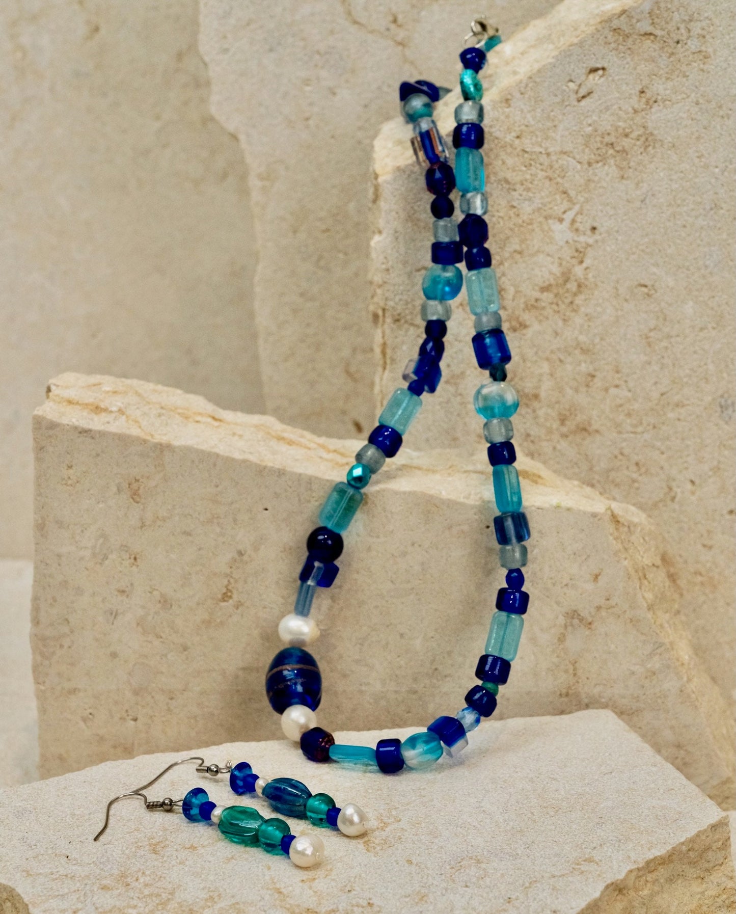 Blue Glass Beads and Pearl Jewellery Set