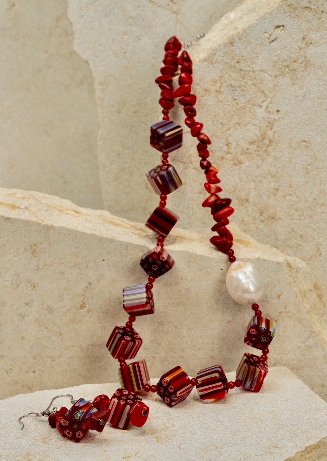 Millefiori Italian Glass Beads + Red Jasper Jewellery Set