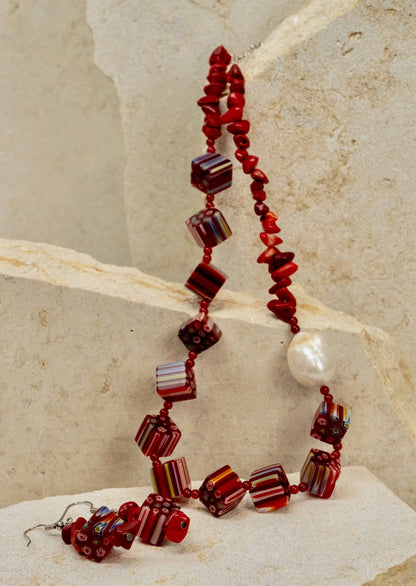 Millefiori Italian Glass Beads + Red Jasper Jewellery Set