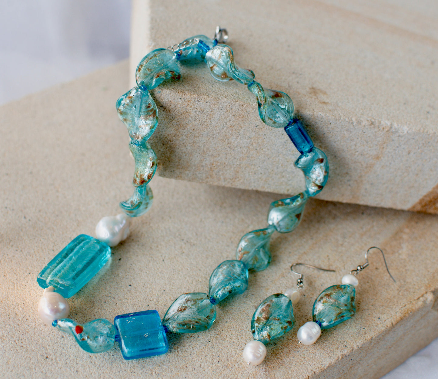 Turquoise Glass Foil Twist Beads and Pearls Jewellery