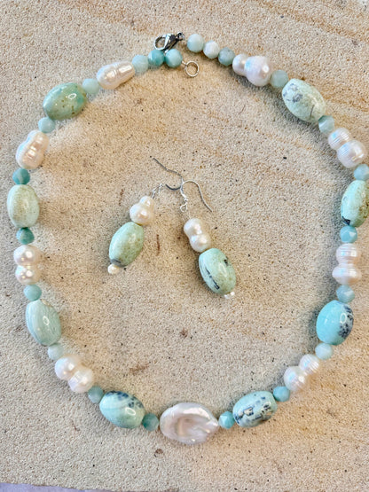 AAA Natural Blue Dragon Skin Agate + Large Peanut Pearls Jewellery Set