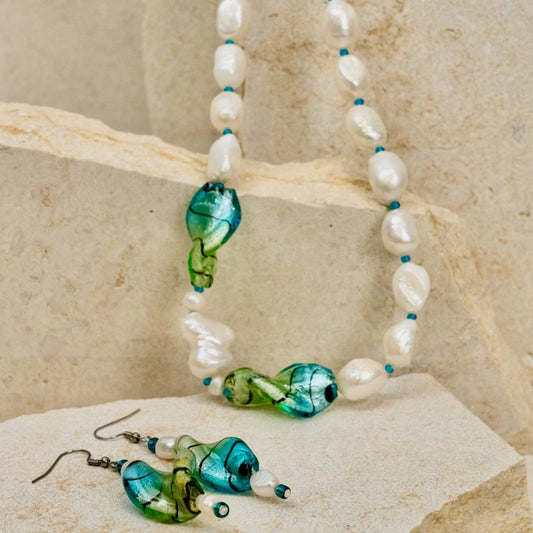 Freshwater Pearls & Twisted Glass Foil Bead Jewellery Set