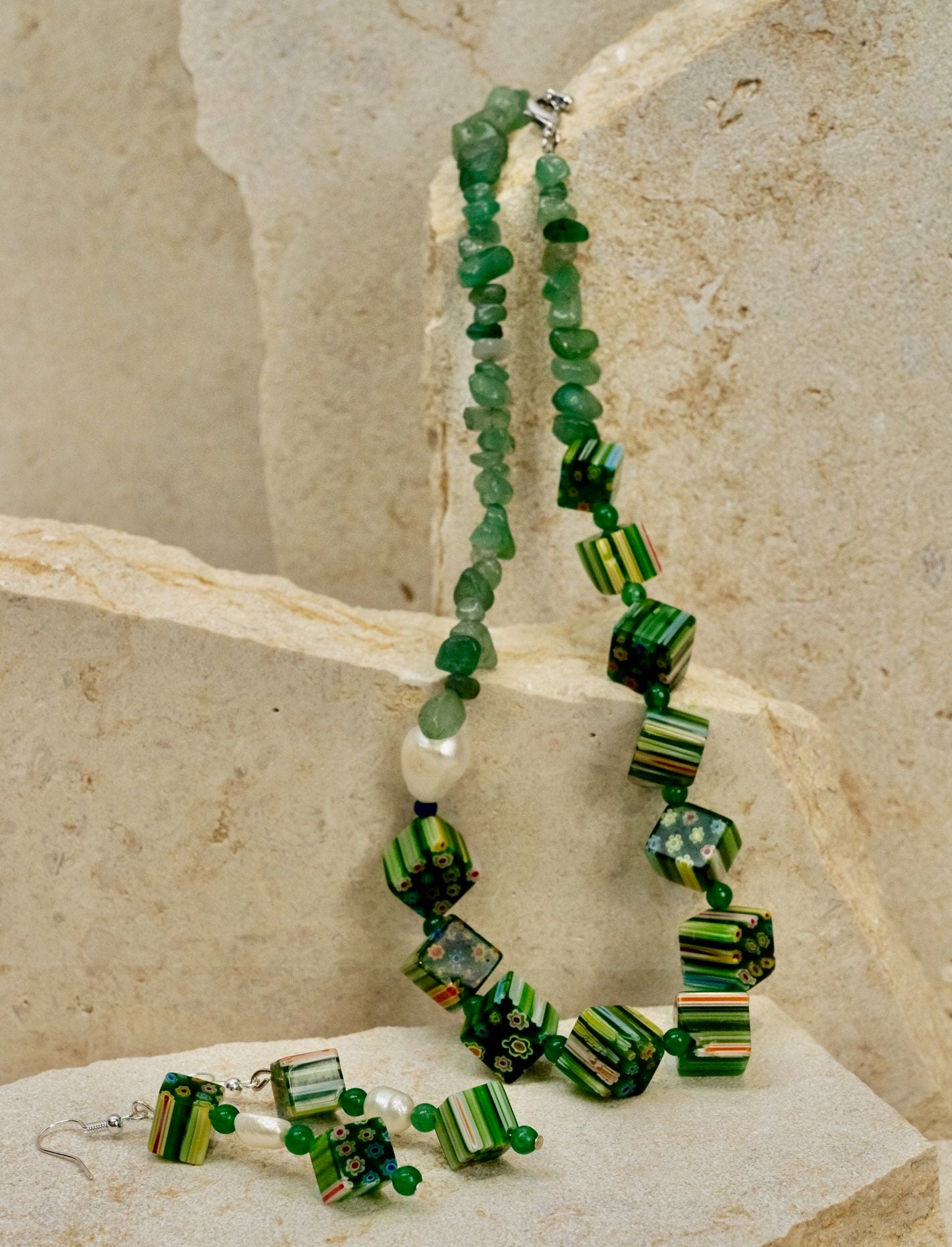 Millefiori Italian Glass Beads + Aventurine + Pearl Jewellery