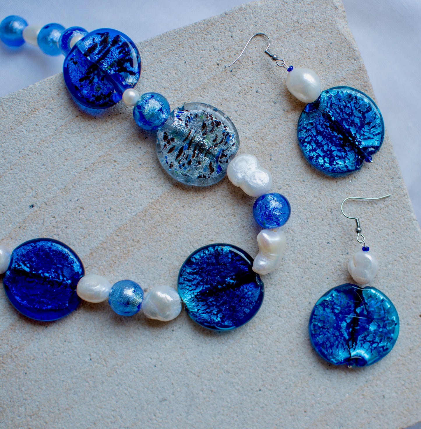 Large Blue Glass Foil Beaded Jewellery