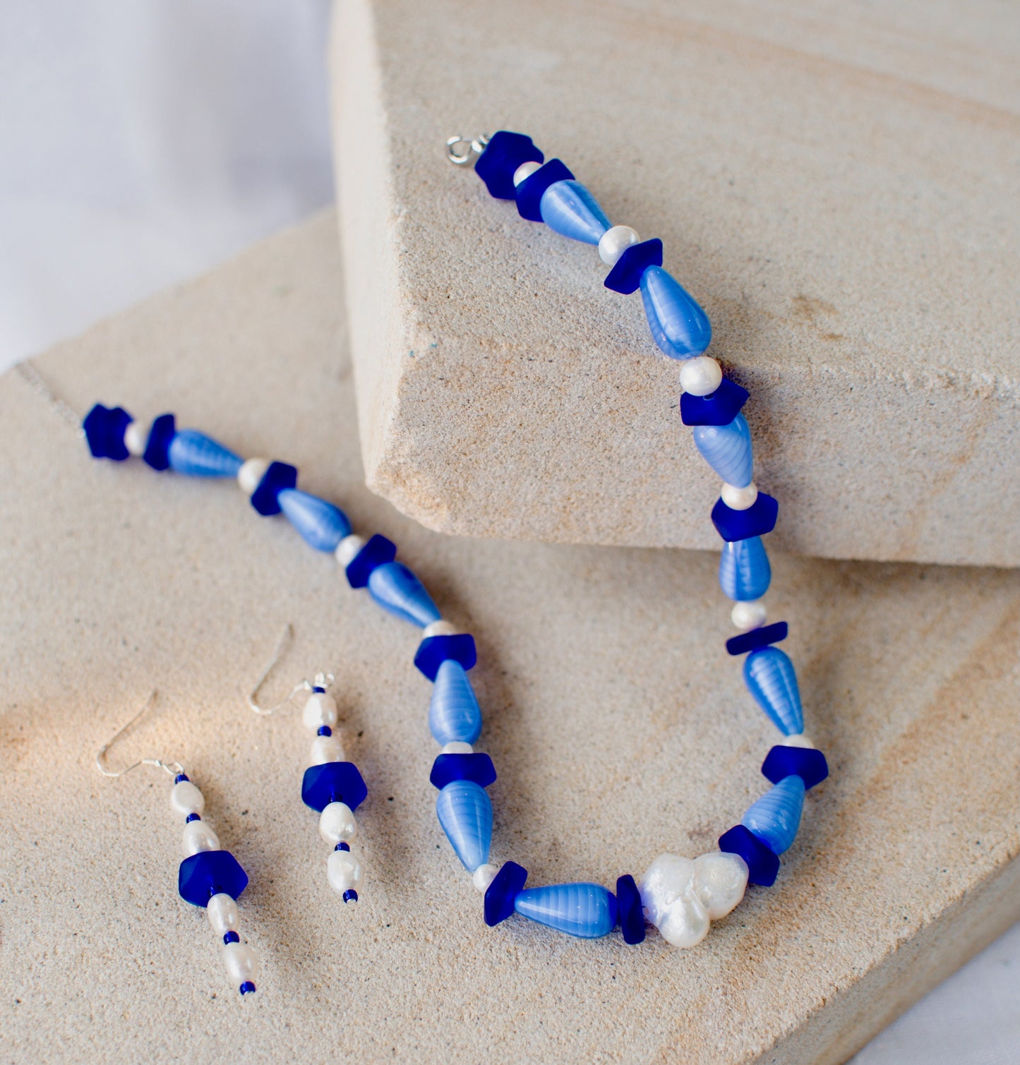 Blue Resin Nuggets and Royal Blue Acrylic Beads with Pearls Jewellery