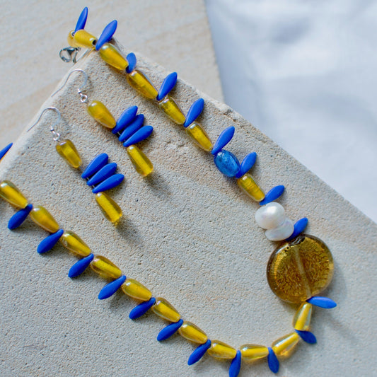 Blue and Yellow Acrylic and Resin Beaded Jewellery