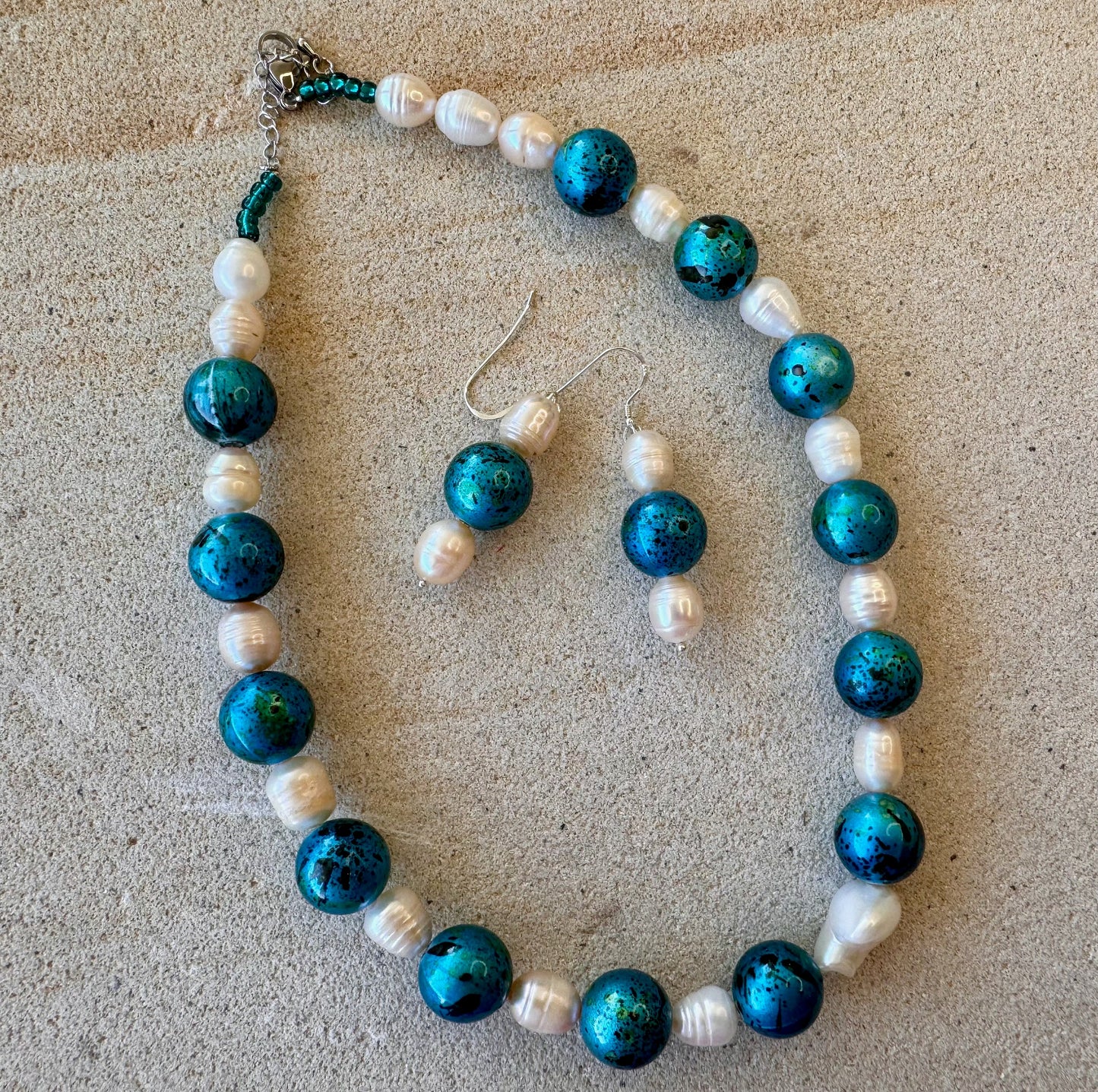 Blue Green Resin Beads with Pearls Beaded Jewellery