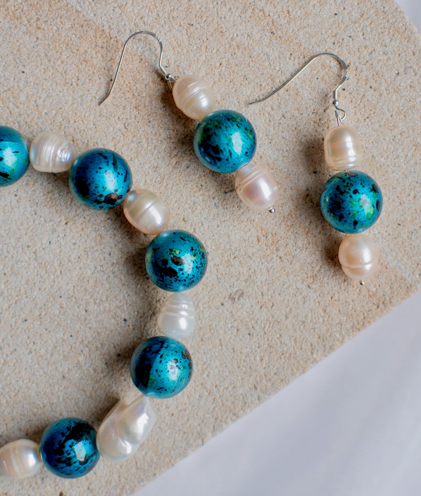 Blue Green Resin Beads with Pearls Beaded Jewellery