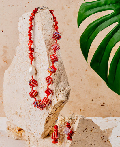 Millefiori Italian Glass Beads + Red Jasper Jewellery Set