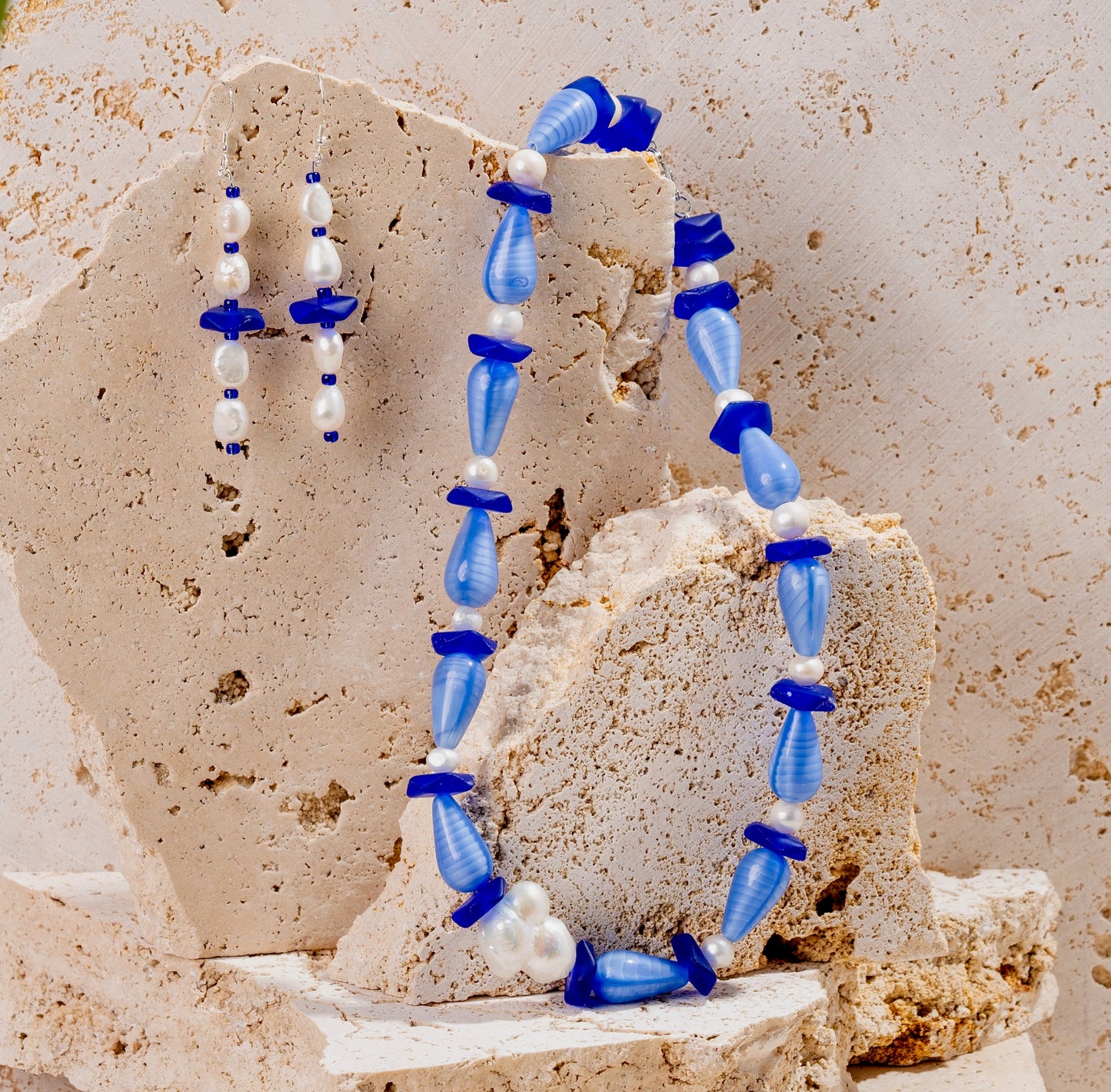 Blue Resin Nuggets and Royal Blue Acrylic Beads with Pearls Jewellery