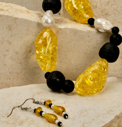 Vintage Yellow Chunky Resin Nuggets with Pearls Jewellery Set