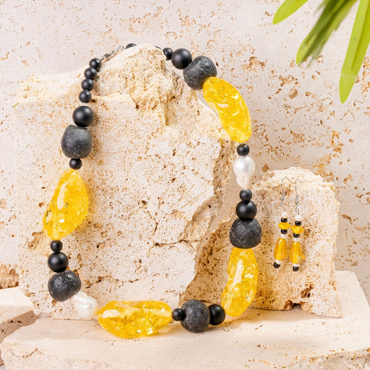 Vintage Yellow Chunky Resin Nuggets with Pearls Jewellery Set