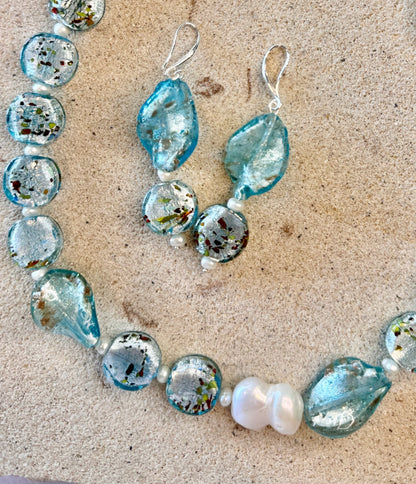 Blue Glass Foil Twist Beads with Gold Aventurine Jewellery Set