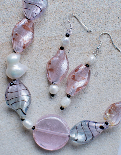 Pink Glass Foil Twist Beads with Gold Aventurine Jewellery Set