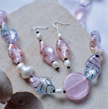 Pink Glass Foil Twist Beads with Gold Aventurine Jewellery Set