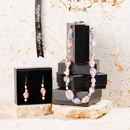 Pink Glass Foil Twist Beads with Gold Aventurine Jewellery Set