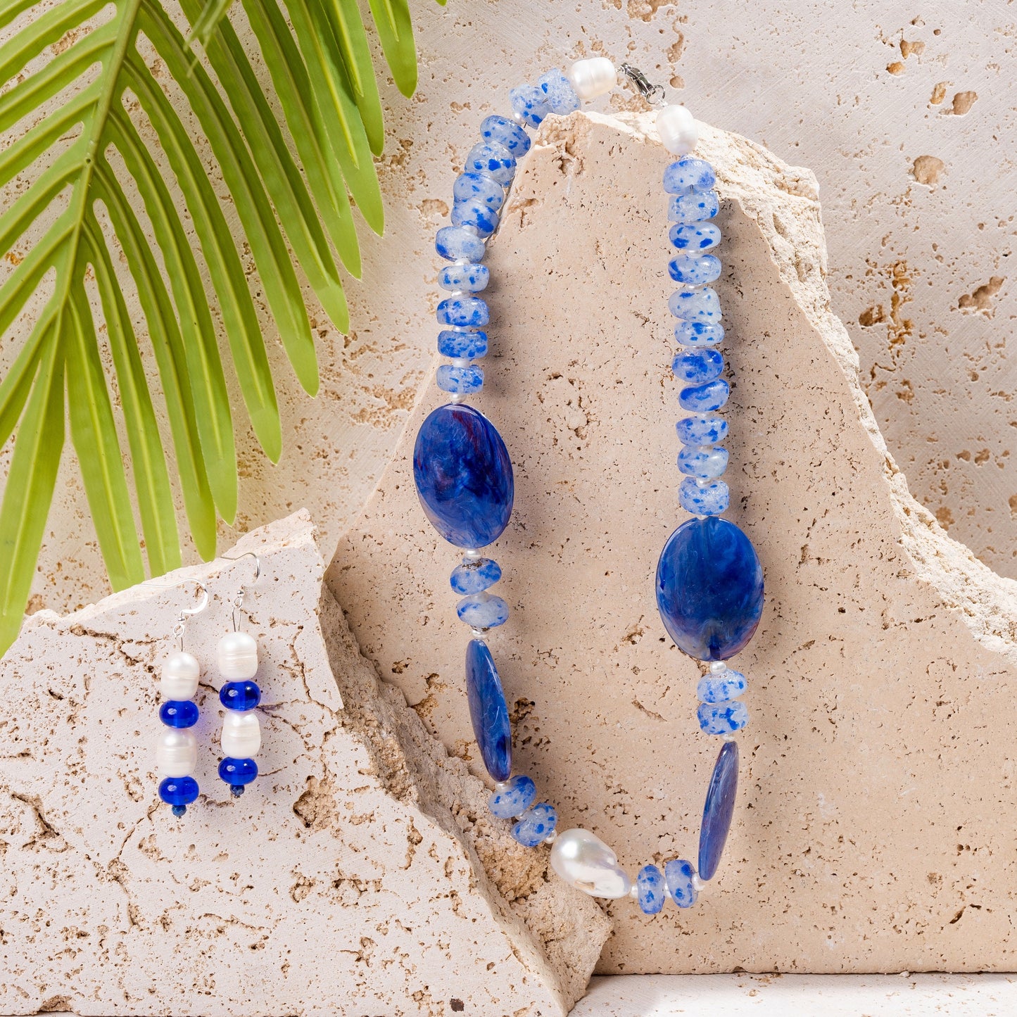 African Glass Krobo Blue Speckled Beads, Glass, Resin Beads & Pearls Jewellery Set