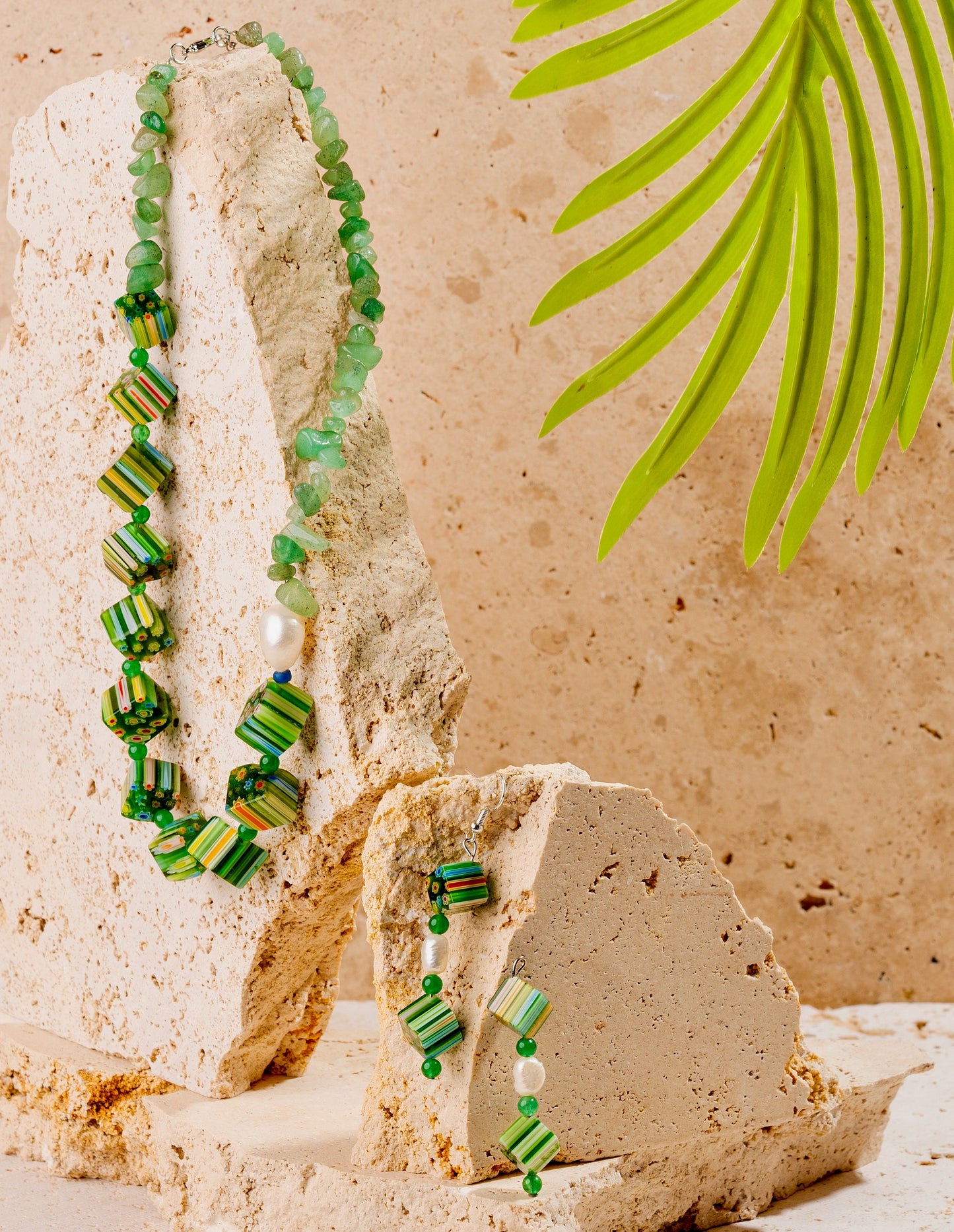 Millefiori Italian Glass Beads + Aventurine + Pearl Jewellery