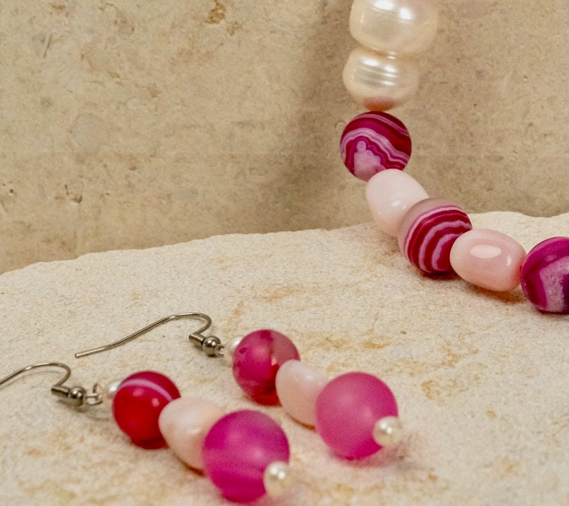 Pink Opal Nuggets Beaded Jewellery Set