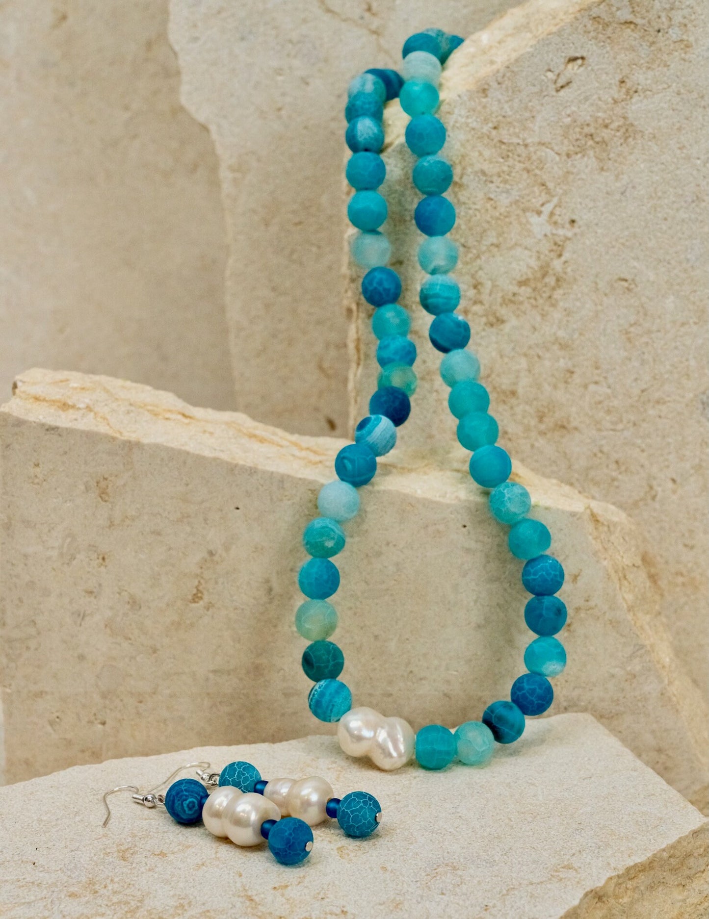Frosted Agate + Baroque Pearl Jewellery Set