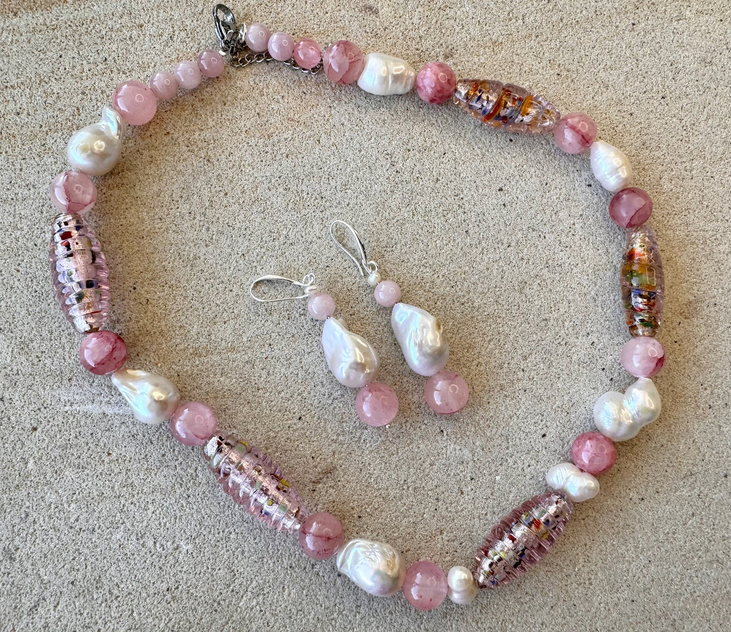 Large Pink  Speckled Glass Foil Beaded Jewellery Set