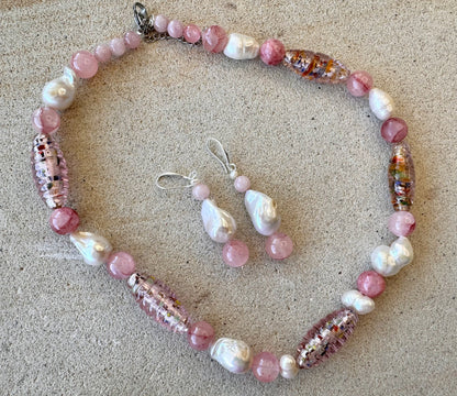 Large Pink  Speckled Glass Foil Beaded Jewellery Set