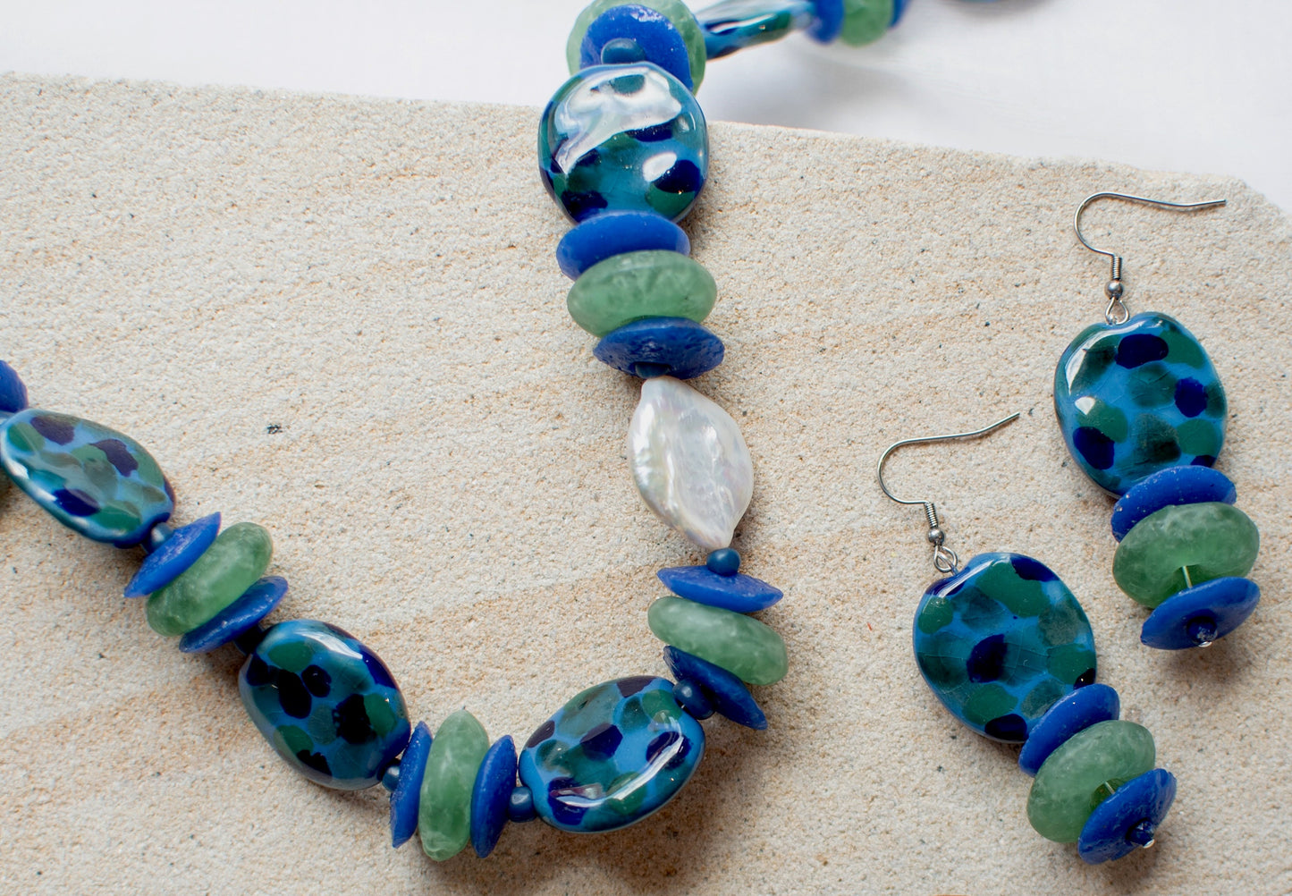 Spotted Blue and Green Ceramic Beaded Jewellery Set