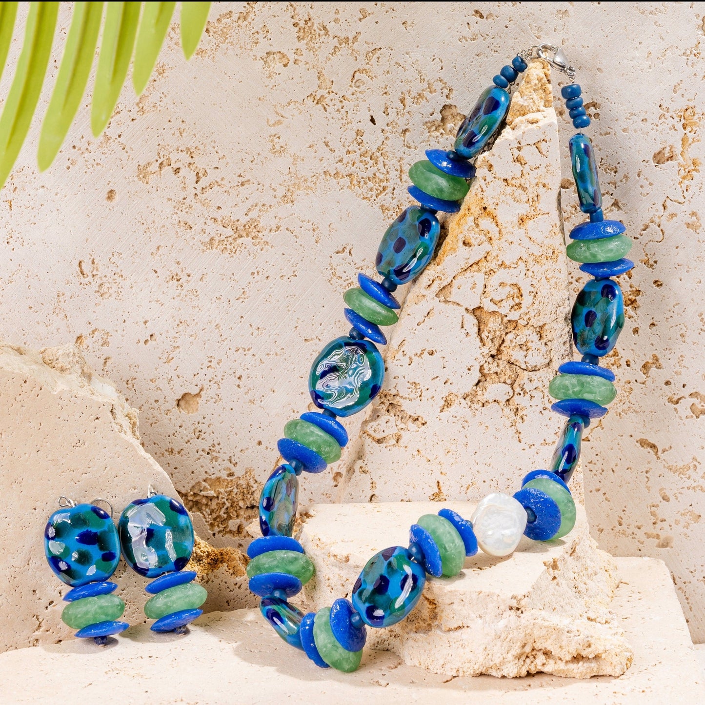Spotted Blue and Green Ceramic Beaded Jewellery Set