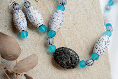 Black and White Large Macrame Beaded Jewellery Set