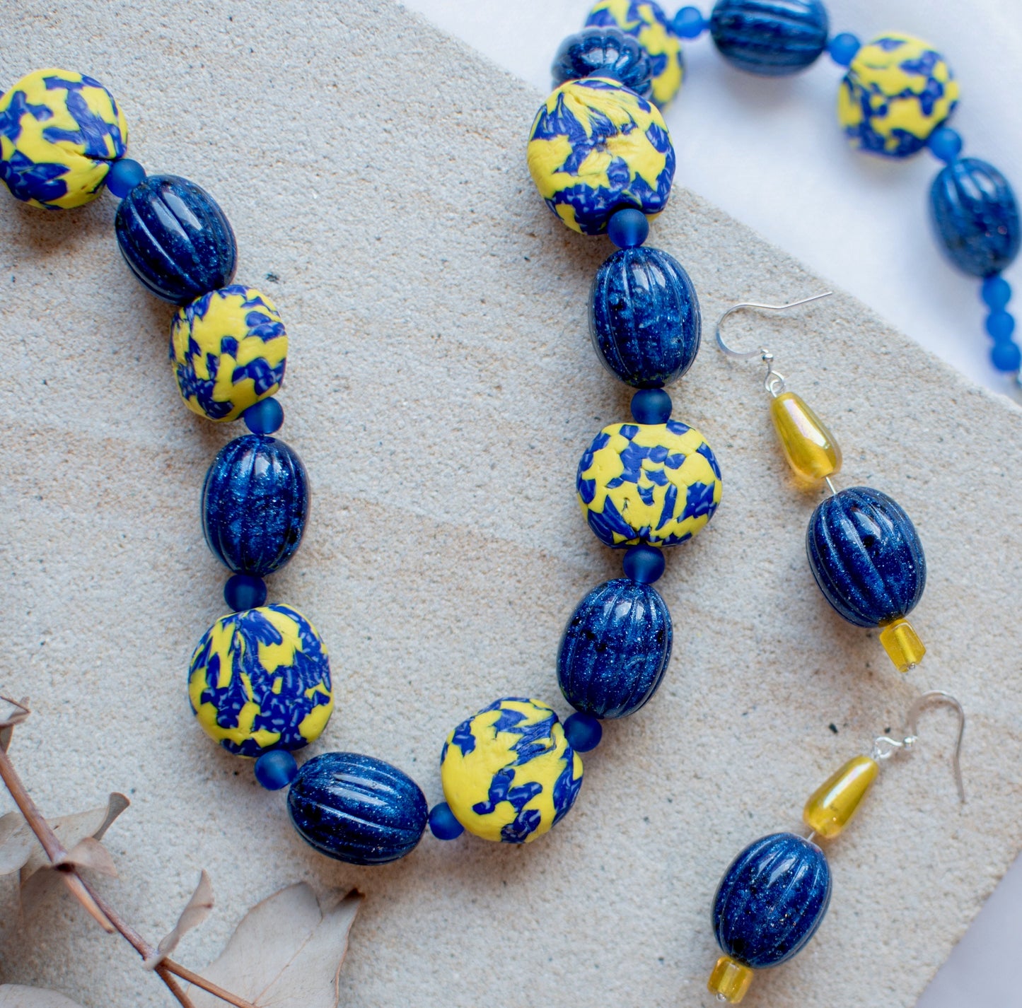 Blue & Yellow African Fused Recycled Glass Krobo Beaded Jewellery Set